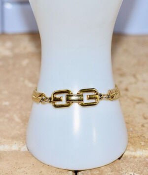 Vintage Givenchy Herringbone Gold Plated Chain Bracelet with Logo Clasp, 1980s